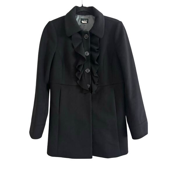 J. CREW Black Wool Ruffle-Front Trim Dress Winter Coat Preppy - Sz 6 - Picture 1 of 5